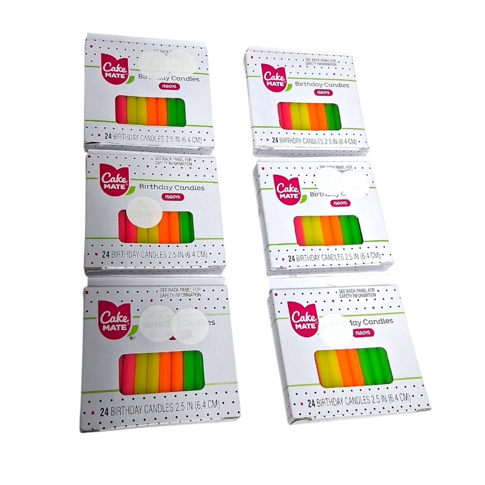 6 Pack Of Cake Mate Birthday Candles 2.5" / 24 Birthday Candles Neon Per Pack